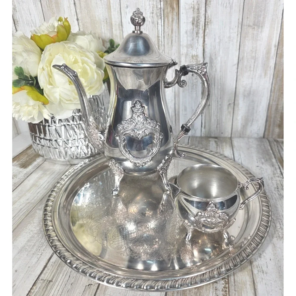 Leonard Silver Plated Tea Set 3pc Ornate Teapot Creamer and Etched Serving Tray